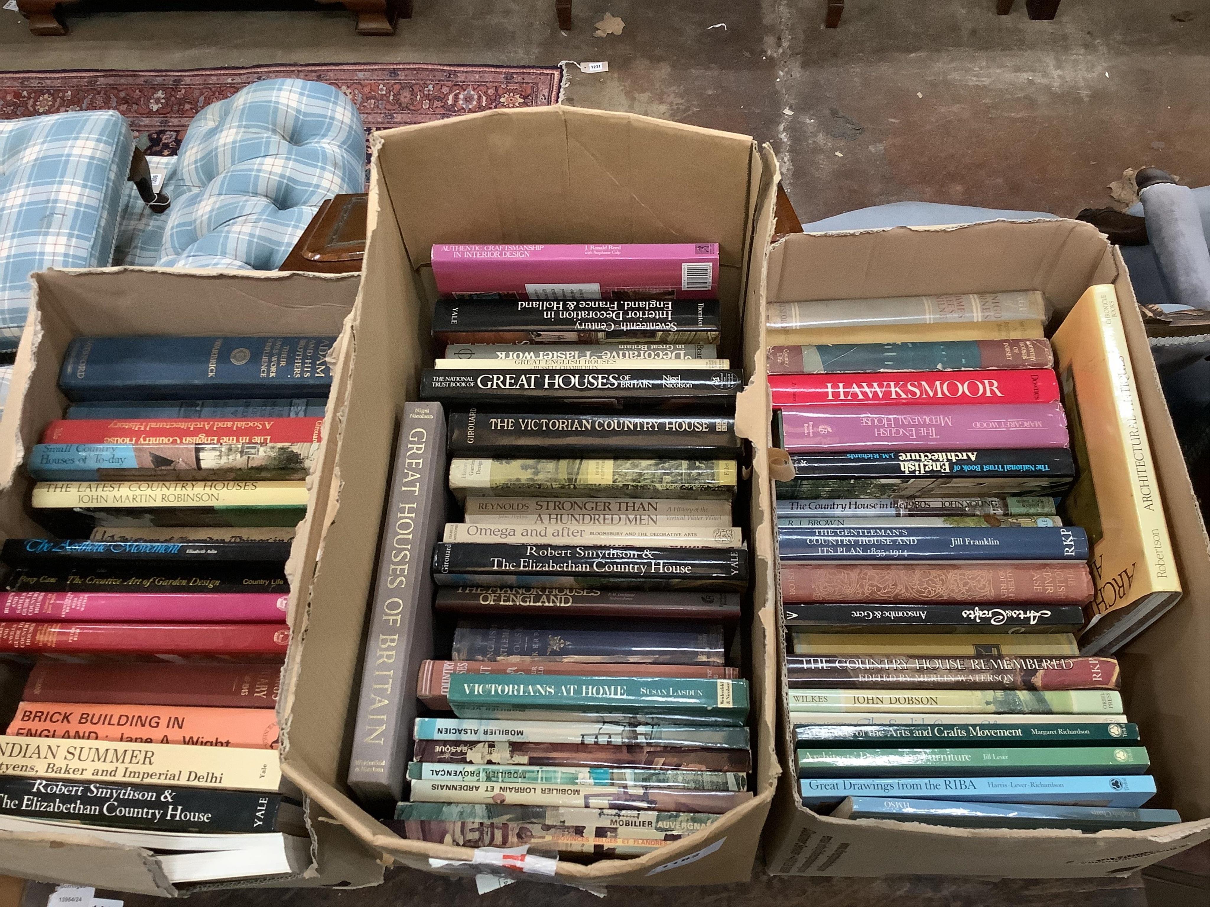 Three boxes of assorted books on architecture, country houses and gardens